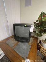 Front view of vintage black Sharp TV with built-in VCR sitting on table next to plant.