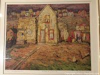 Close view of the central lithograph artwork showing detailed buildings in an urban landscape and signature