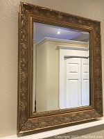Full view of the gold framed rectangular mirror mounted on a wall.