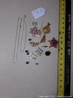 Photo showing all jewelry pieces including necklace, various brooches, pins, earrings scattered on a light surface with measuring tape alongside for scale