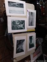Five black and white vintage art prints laid out on a surface with a measuring tape, showing various natural and angelic scenes.