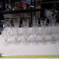 Full view of all 11 footed pilsner glasses arranged in two rows showing the tall, slender shapes and etched floral patterns.