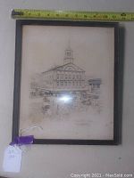 Front view of first framed pencil drawing showing Faneuil Hall and street with carriages and pedestrians.