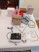 View of entire lot on a white table, showing jewelry, cosmetic bags, camera, perfumes, and boxes