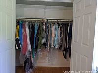 Wide view of wardrobe closet interior with assorted women's garments mostly in size M and L, some covered with plastic garment bags.