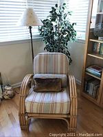 Front view of rattan chair with cushions, floor lamp, and faux ficus tree behind near window