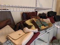 Shelf displaying twenty assorted purses and clutches in various colors and materials