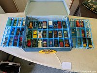 Overview of open carrying case with all five trays and cars in place