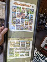 Full view of framed sheets showing Legends of Baseball player stamps on top and Baseball Playing Fields stamps on bottom.