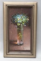 Full view of framed oil on board painting featuring blue and white flowers in glass vase.