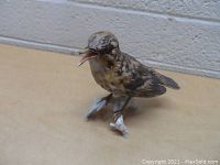 Front and side view of a small ceramic bird figurine showcasing detailed feather painting and realistic posture.