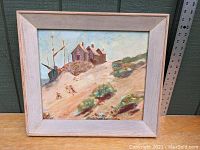 Full view of framed impressionist oil painting showing the beach dune scene with schooner and houses.