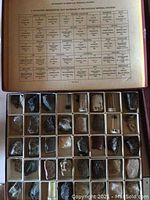 First case open showing printed comparison chart titled 'A Collection Representing Raw Materials of the Canadian Mineral Industry' affixed to lid and 42 specimens in individual compartments