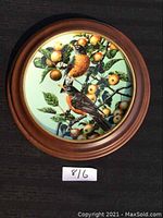 Front view of the circular framed decorative plate depicting robins on a fruit branch, signed by Carl Brenders, titled "Summer Gold The Robin".