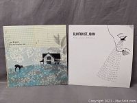 Front covers of the two vinyl records stood upright, showing Clinton St. John on the right with a minimalist white cover and Jim Bryson on the left with a collage style cover of a house and deer.
