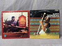 Front covers of two vinyl records featuring Ravi Shankar playing sitar, one with Hindi script, other titled 'The Genius of Ravi Shankar'