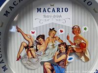 Close up photo showing detailed artwork of four retro pin-up style women and Macario Retro Drink text in the middle of the tray.