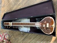 Sitar inside open hard case showing carved wooden body, tuning pegs and strings