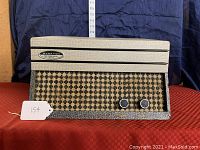 Front view of a Dynavox phonograph speaker unit showing the beige textured top, houndstooth front grille, two control knobs, and Dynavox badge on the upper left.