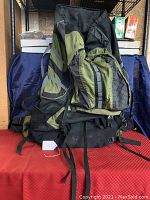 Photo of the green and black Alps Mountaineering hiking backpack showing front view with multiple pockets and adjustable straps.