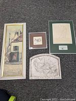 Full group of 4 wall art pieces displayed on carpeted floor showing each artwork and frame.