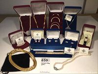 Overview of twelve jewelry pieces including necklaces, bracelets, earrings, brooch, and watch