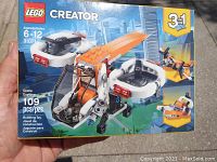 Front of the sealed Lego Creator Drone Explorer box showing the 3-in-1 drone building kit with 109 pieces for ages 6-12.