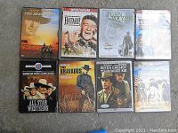 Second image shows 8 Western movie DVDs laid out, including True Grit, Hatari!, The Bravados, Butch Cassidy and the Sundance Kid, All Star Westerns collection, and others