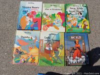 Six hardcover Disney Gallery books laid out, showing Sleeping Beauty, Alice in Wonderland, Snow White and the Seven Dwarfs, Dumbo, Lady and the Tramp, and 102 Dalmatians.