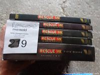 Five DVD cases of Rescue Me series stacked together showing titles for seasons 1 to 5. Fifth season is thicker and labeled Volume 1 & 2.
