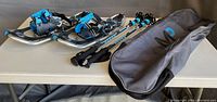 Photo showing the snowshoes, two extendable poles, and grey carry bag on a table