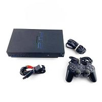Sony PlayStation 2 console with controller and cables arranged side by side on white background.