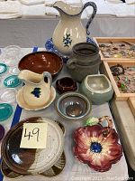 Overview photo of art deco style pottery pieces including pitchers, bowls, plates, and a flower-shaped nut candy dish arranged on a table.