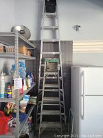 Full view of the two aluminum ladders side by side, 6ft step ladder and 12ft extension ladder