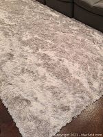 Beige/tan shag rug with plush texture on floor near couch.