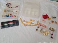 Lot showing all jewelry pieces displayed together including bracelets, rings, earrings, brooches, and necklace, plus a set of gel pens.