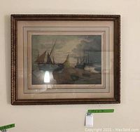 Framed aquatint print by Alphoni Lafitte, showing moored sailboats under cloudy skies. Signed and numbered.