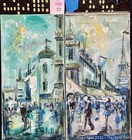 Set of 2 oil paintings depicting Paris street scenes with people, buildings, and the Eiffel Tower, signed by the artist with some cracking visible on the stretcher frame of one painting.