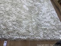 Full view of large cream shag area rug on wooden floor, showing texture and size.