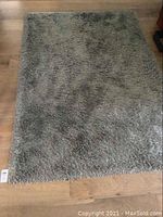 Full view of a rectangular grey shag area carpet on wood flooring showing overall size and condition.
