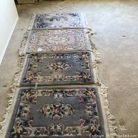 Four accent carpets laid out in a row showing various floral and ornate designs with fringed edges on a beige carpeted floor.