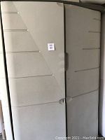 Front view of shed with closed double doors
