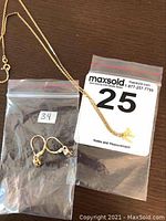 Overall view of pendant on chain alongside earrings in plastic bag