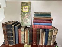 View of vintage and antique books arranged on a shelf showing diverse binding colors and conditions, including some with worn covers.