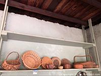 Wide view of all baskets arranged on shelf.