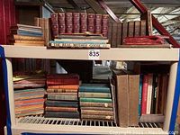 Wide view of shelves showing various early 1900s vintage hardcover books, some leather-bound. Books stacked upright and flat including The Real Mother Goose visible.