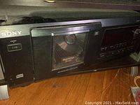 Front view of Sony CD player showing 50-disc Mega Storage carousel and standby button.