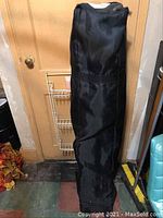 Black carrying bag standing upright on floor against a door, containing the canopy frame.