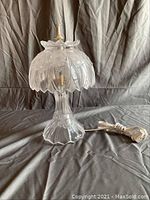 Full view of small clear cut glass lamp showing floral petal design and included power cord