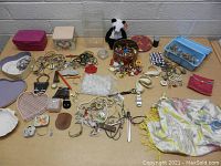 Overview of lot showing assorted jewelry, decorative scarf, small plush toy, and various accessories on a flat surface.